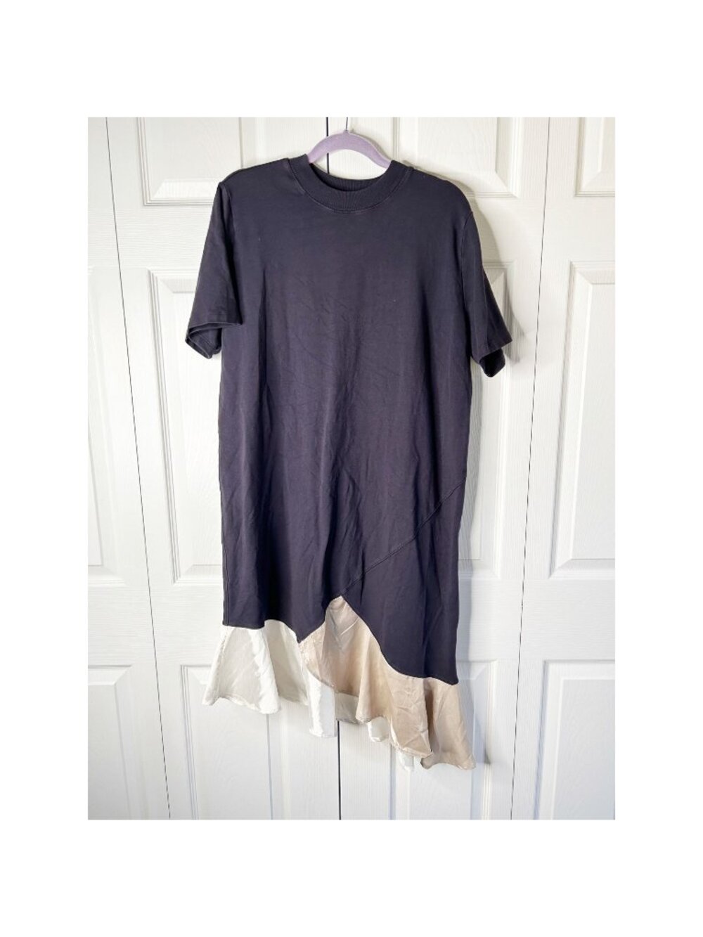 Clu Navy Blue Metallic Ruffle Hem Short Sleeve Crewneck Dress Womens Size Medium
